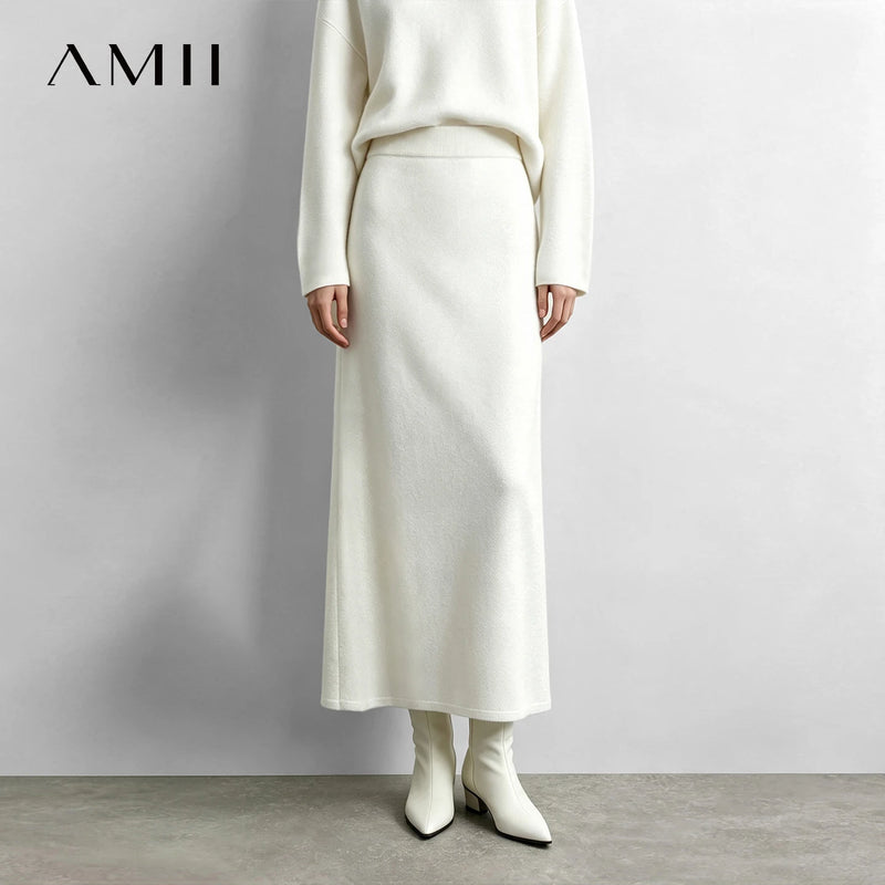 Amii Women Knit Straight Skirt Elastic Waist Back Split Slimming Casual Commuter Minimalist Winter Long Skirt for Women 12644003