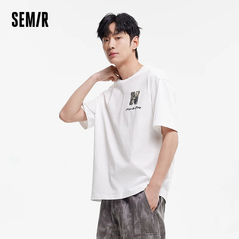 Semir Mens Tshirt 2026 Camouflage Letter Printed Knitted Outdoor Trendy Loose Crew Neck Casual