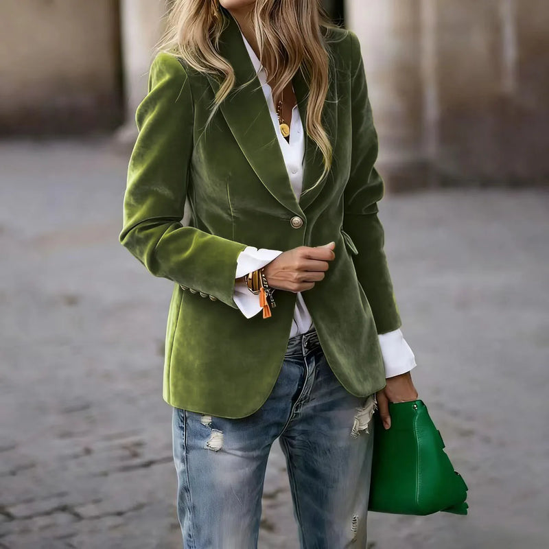 Elegant Women's Long-sleeve Blazer, A V-neck Jacket Made of Corduroy. Available in Black,Purple,Brown,Yellow,Red,Blue,Green,Gray