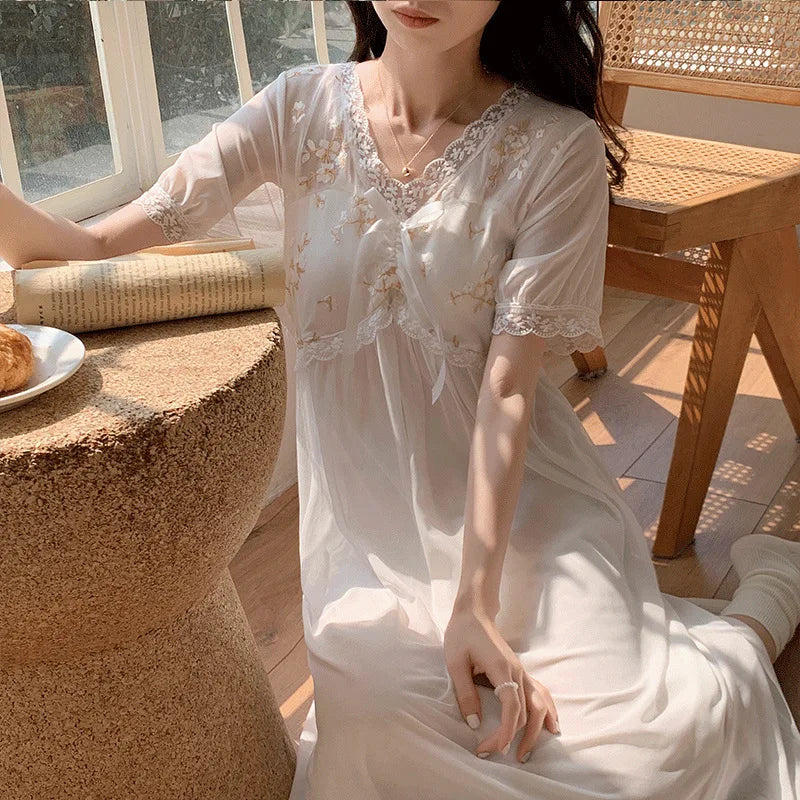 Lace Modal Mesh Summer Night Dress Woman Court Princess Nightdress Loungewear Sleepwear Women's Nightgowns Homewear Nightwear