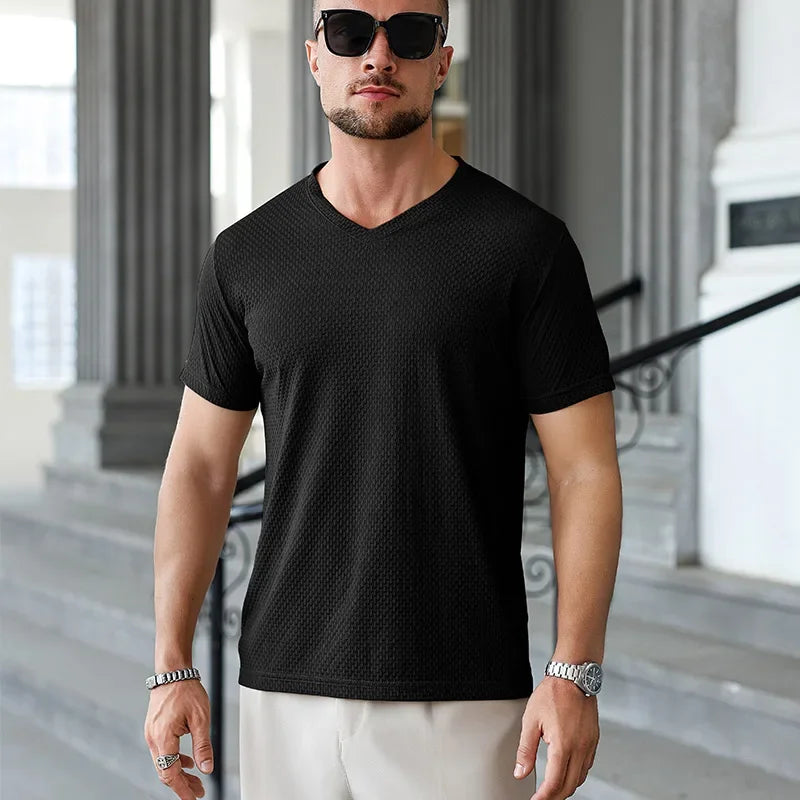 Premium Men's Business Casual V Neck T-Shirt Ice Silk Lightweight Breathable Summer Tops