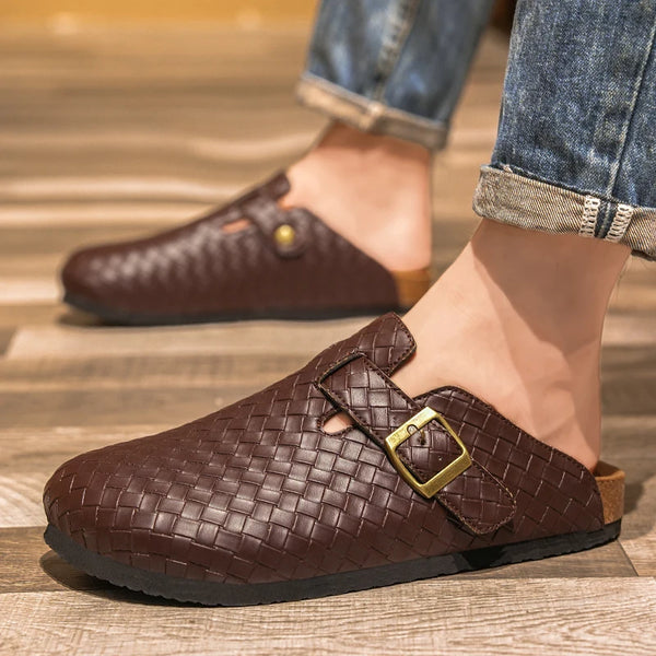 Summer Unisex Adjustable Cork Slippers Men Leather Slides Slippers Black Brown Cover Toe Slipper Dropshipping