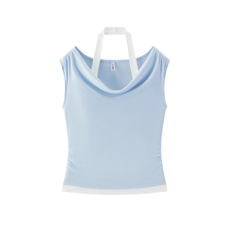 Semir Women Tshirt Short Length Halter Neck Draped Collar Fake Two Piece Slim Fit Stylish 2026 Summer Fashion Casual Top