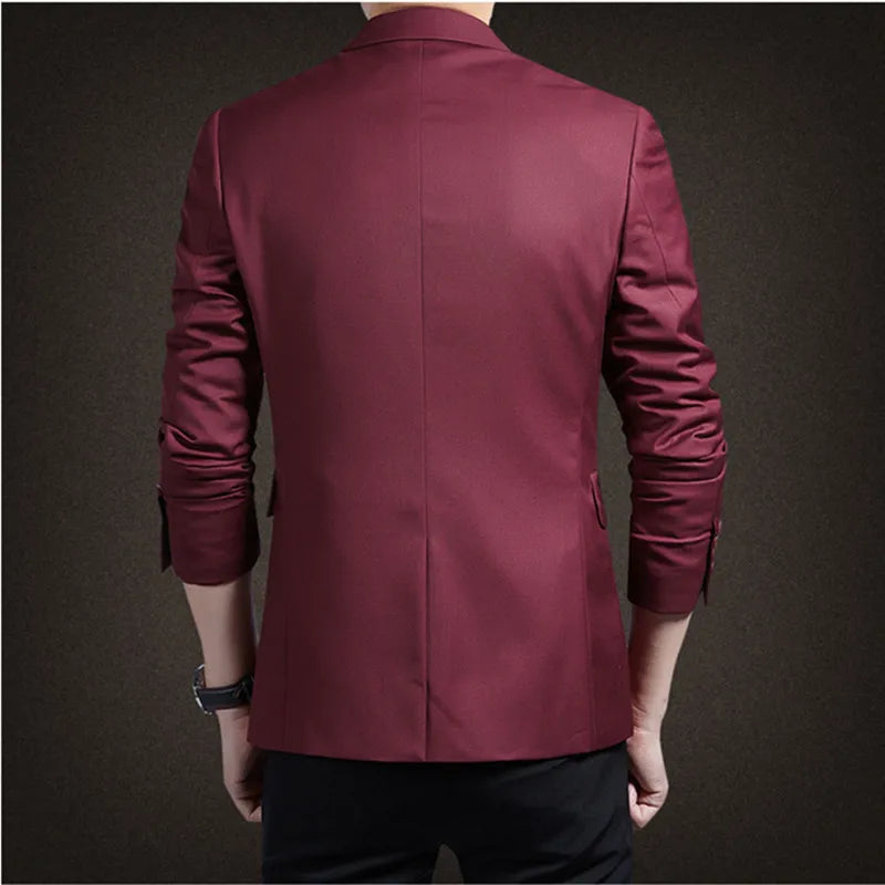 Men's Red Suit Jacket in Asian Sizes; Slim-fit Blazer for Weddings, Parties, and the Office; Available in Blue, Black, Gray.