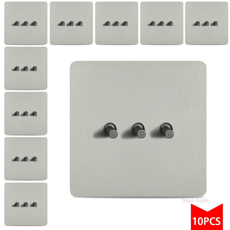 Toggle Retro Switch Panel 1/2/3/4 Gang 2Way Silver Gray Brushed Stainless Steel Antique Wall Metal Lever Light Switch 5/10 PCS