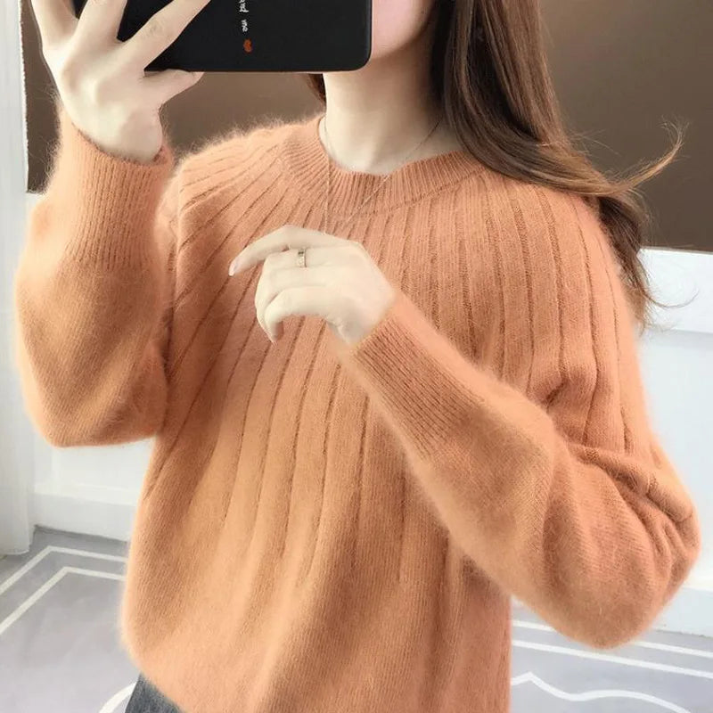 Vertical Strip Autumn Winter Lazy Wind Round Neck Pullover Women's Bottoming Shirt Loose Jumper Ladies Pull Knitted Sweater