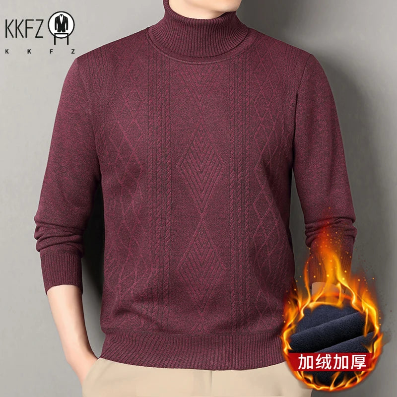 Three Dimensional Twist Weave Male Turtleneck Sweater Diamond Cable Allover Pattern Fleece Lined Rib Hem Pullover