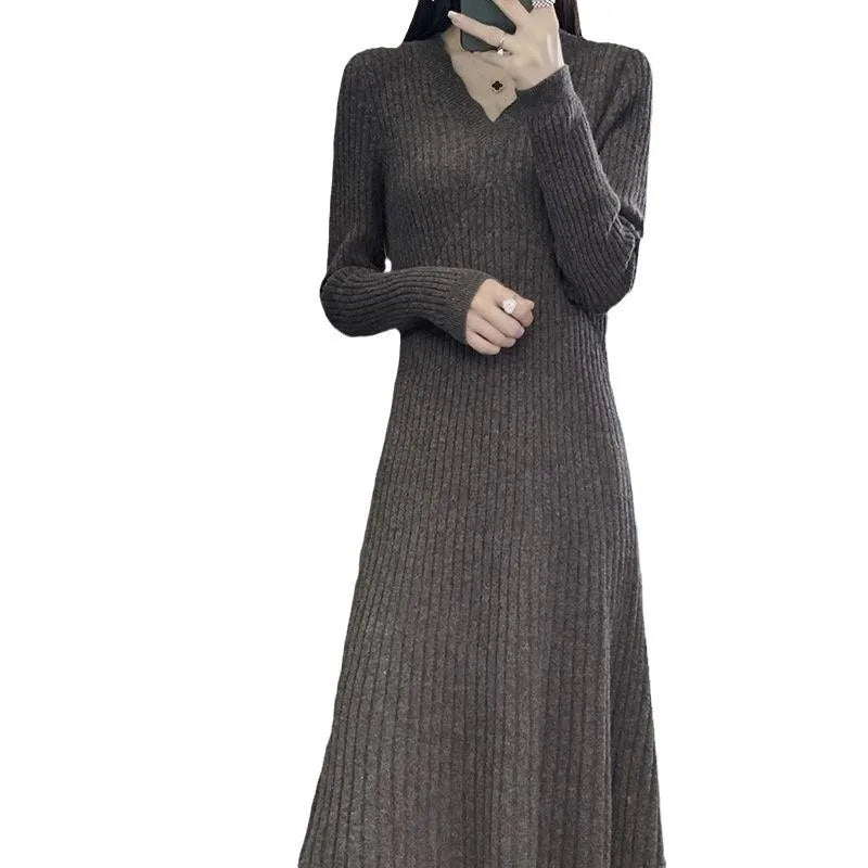 Knitwear Woman Clothes New Elegant Long Sweater Dress Slim V Neck Pullover Jumper Spring Autumn Woolen Dresses Female Bottom