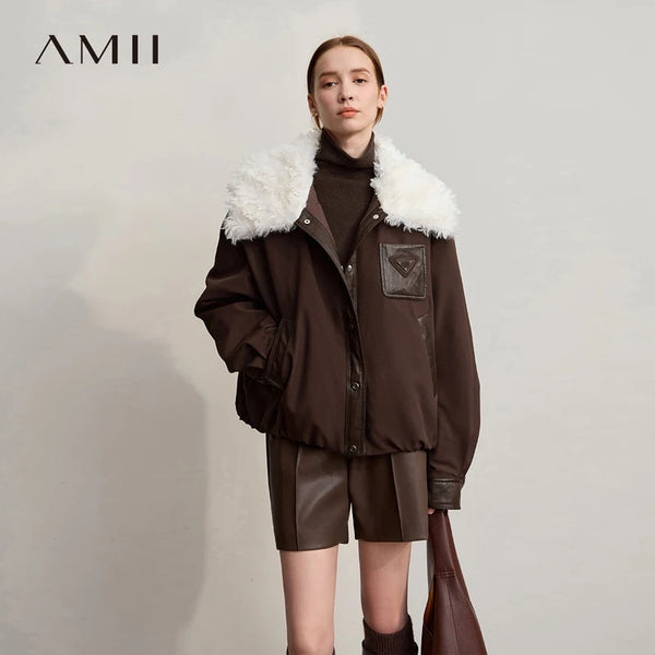Amii Down Coats For Woman 2026 Winter New Casual Warm Patchwork Versatile Down Jacket Women's Long Sleeves Loose Top 12544075