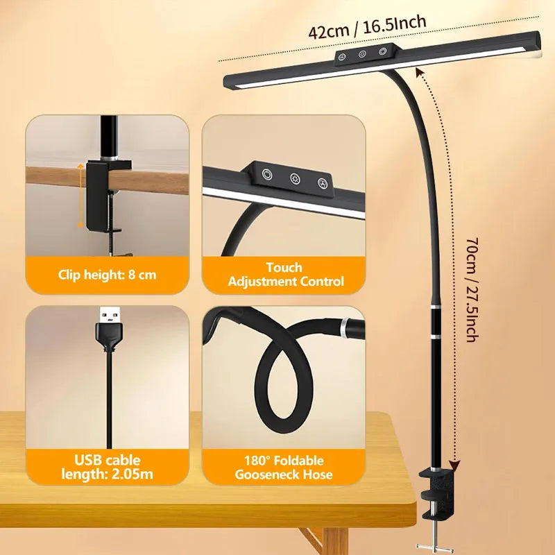 LED Desk Lamp Clamp Eye-Caring Clip on Lights for Home Office Long Flexible Goose-Neck Arm Architect Task Table Lamps with USB