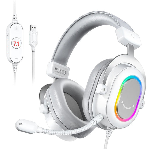 FIFINE RGB Gaming Headset with 7.1 Surround Sound/3-EQ/MIC,Over-ear Headphone with In-line Control for PC PS4 PS5 Ampligame-H6W WHITE CHINA
