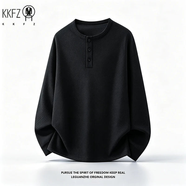 Mens Button Notch Henley Pullover Long Sleeve Waffle Knit Fabric Loose Fit For Daily And Casual Occasions