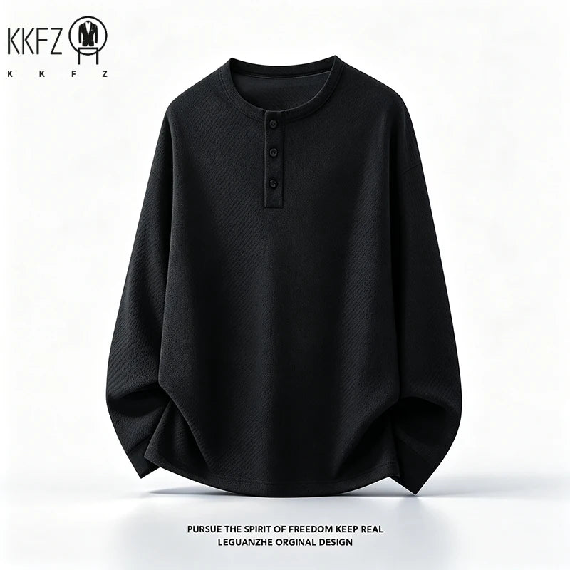 Mens Button Notch Henley Pullover Long Sleeve Waffle Knit Fabric Loose Fit For Daily And Casual Occasions