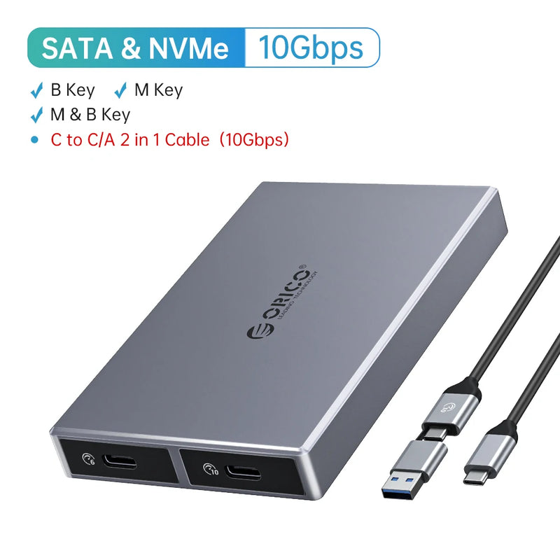 ORICO Aluminum Alloy Dual Bay Dual NVMe M2 SSD Case Support M.2 NVMe SSD Disk For M Key B&M Key SSD Tool Free Enclosure