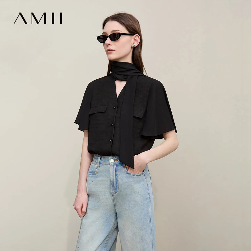 Amii Women's Chiffon Blouse 2026 Summer New Tie Neck Flutter Sleeve Acetate Top Elegant Casual Patchwork Blouse Female 12652043