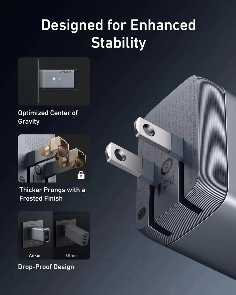 ឆ្នាំងសាក Anker Prime GaN 100W 3 រន្ធ USB C PD Fast Charger ឧបករណ៍ភ្ជាប់ថាមពលជញ្ជាំងច្រើនរន្ធសម្រាប់កុំព្យូទ័រយួរដៃ iPhone Samsung ស្មាតហ្វូន