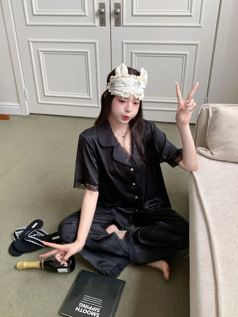 Summer Clothes Elegant Women's Pajamas 2 Piece Nighty Short Sleeve Sleepwear Nightwear for Woman Lapel Top Trousers Home Wear