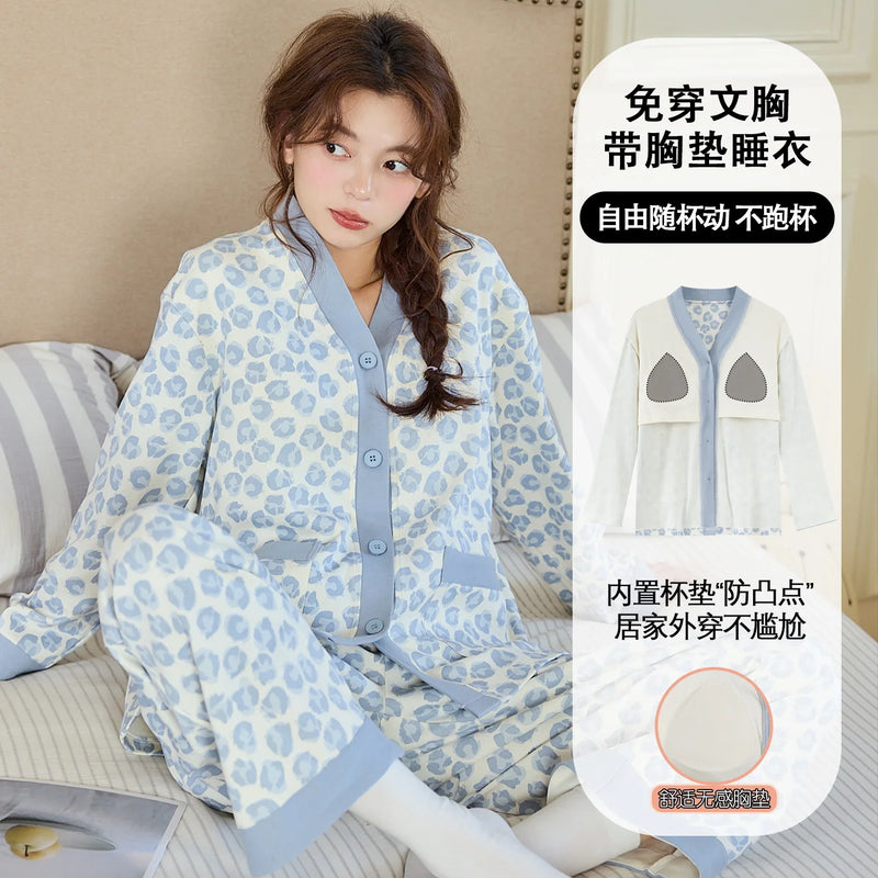 Chest Pad Long Sleeve Shirt Trousers Sets Big Size Women's Pajamas Cartoon Printed Cotton Sleepwear For Sleeping Home Suit