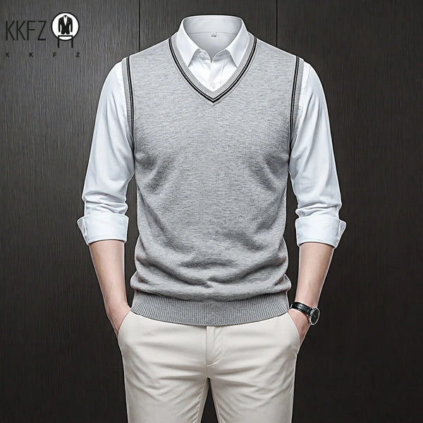 Mens Sleeveless V Neck Knit Sweater Vest Contrast Rib Edge Soft Elastic Knitwear Formal Office Layering Tank Top Fall