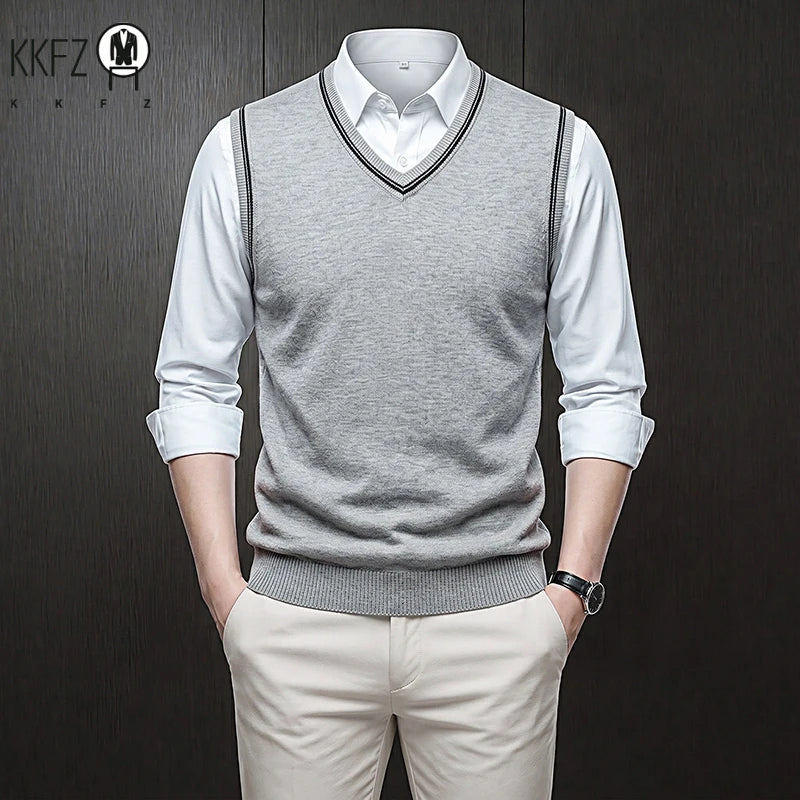 Mens Sleeveless V Neck Knit Sweater Vest Contrast Rib Edge Soft Elastic Knitwear Formal Office Layering Tank Top Fall