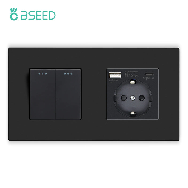BSEED Mechanical Button Switches With Power Socket 1/2/3Gang 1Way Plastic Panel Electrical Outlets USB Type-C Wall Socket 16A