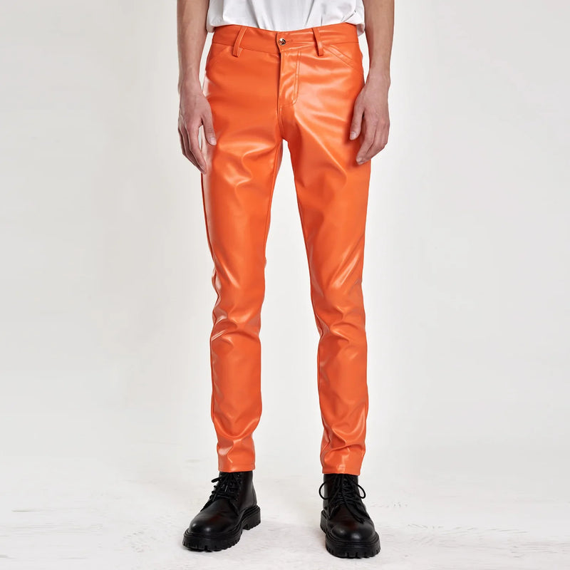 2026 New  Men's Black PU Pants, Fashion Slim Popular Bar Leather Trousers , Asian Size 28-40, Red Blue Orange Pant.