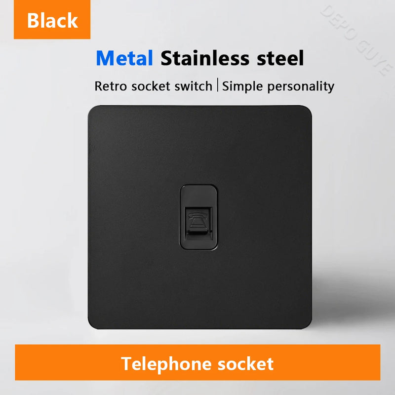 Black Retro Toggle Wall Light Switch Socket,Stainless Steel Universal UK Electrical Outlets with USB Type-C charging For Home
