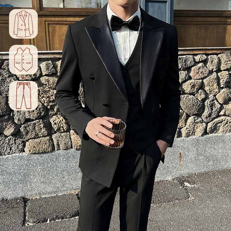 Man Elegant Black Double-Breasted Suit with Vest: Perfect for Formal Events and Sophisticated Occasions M-XL7