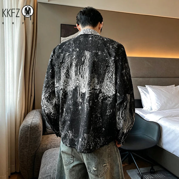 Mens Vintage Texture Graffiti Shirt Turn Down Collar Long Sleeve Button Front Relaxed Streetwear Casual Outerwear