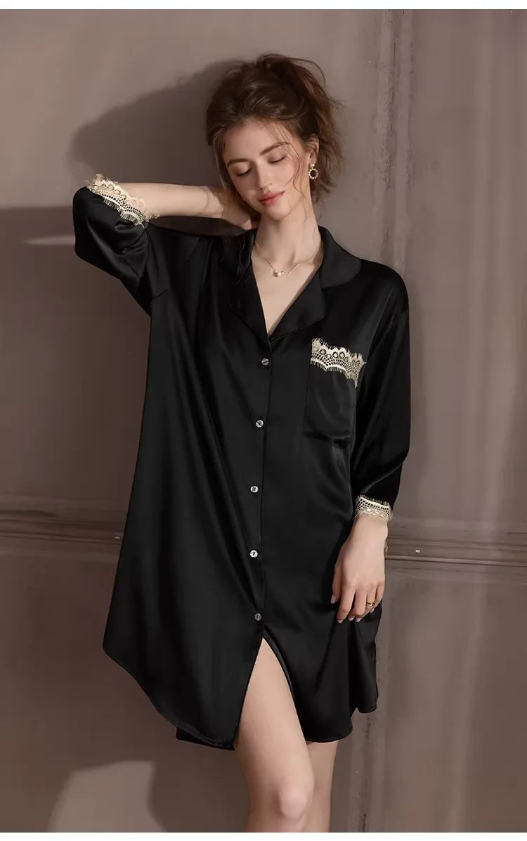 Ice Silk Women's Nightgown Summer Pajamas Dress New Lapel Night Wears for Females Sleeping Clothes Woman One Piece Homewear