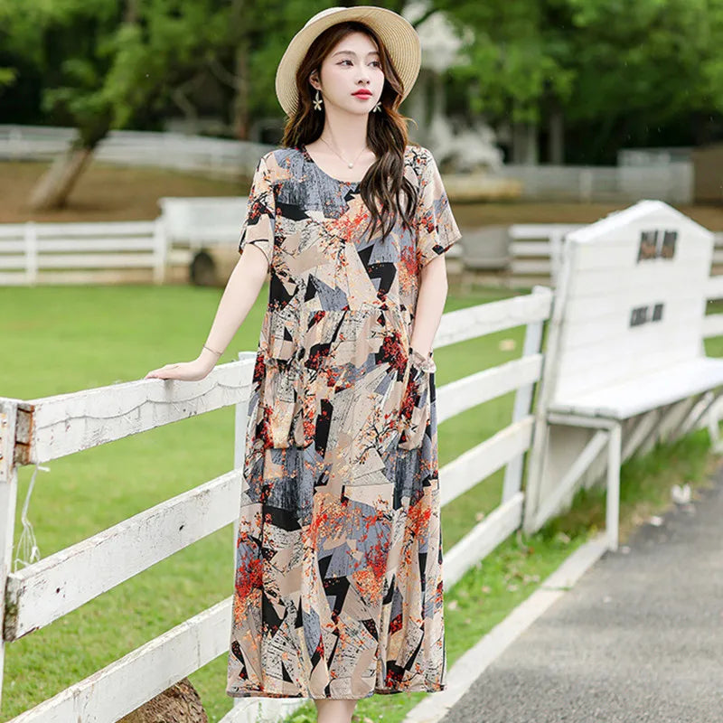 អាវគេងរលុងសម្រាប់នារី XL-5XL រ៉ូបគេងកប្បាសបោះពុម្ពថ្មី អាវគេងនារីដៃខ្លីបែបវីនថេច