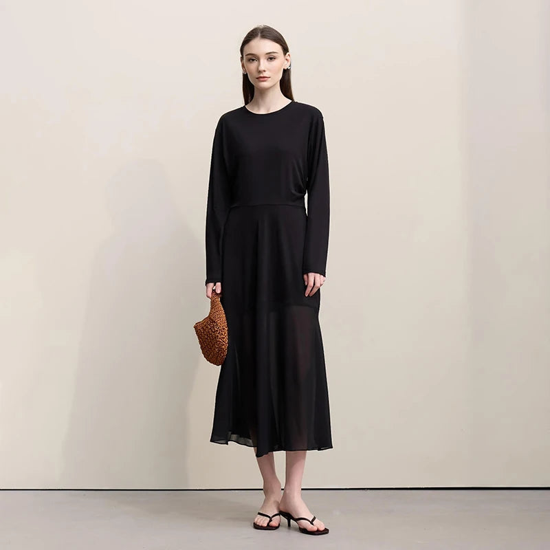 រ៉ូប Amii Womens រដូវស្លឹកឈើជ្រុះឆ្នាំ ២០២៦ រ៉ូបថ្មីឆើតឆាយ លំនាំប៉ាក់ អាវក្រណាត់ Chiffon រាងអក្សរ H រលុង សំពត់វែងធម្មតាសម្រាប់នារី 12621063