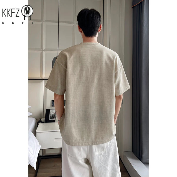 Male Summer Henley Neck Casual T���Shirt Lightweight Linen Texture Material Loose Cut Tee For Travel Gathering Street Wear