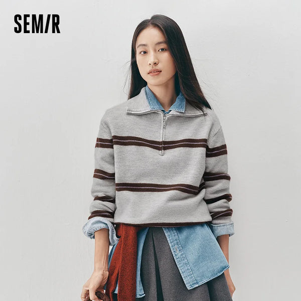 អាវយឺត Semir សម្រាប់នារី លំនាំឆ្នូត ពាក់កណ្ដាលហ្ស៊ីប រលុង ស្ទីលបែប Retro ទន់ ពាក់ជាស្រទាប់ៗសម្រាប់រដូវរងា ឆ្នាំ២០២៦ ស្លៀកជាប្រចាំថ្ងៃ ពាក់ជាស្រទាប់ៗ ក្តៅៗ