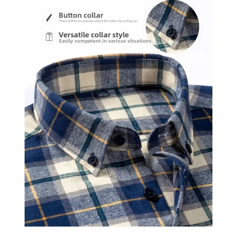 Men's 100% Cotton Brushed Plaid Long Sleeve Shirt – Soft Flannel Casual Button-Down for Outdoor & Daily Wear