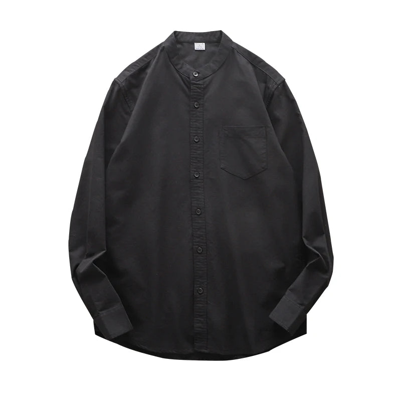 DUKEEN 100% Cotton Oxford Collarless Shirts for Men Spring and Autumn Casual Plain Long-Sleeve Blouse Men's Clothing White
