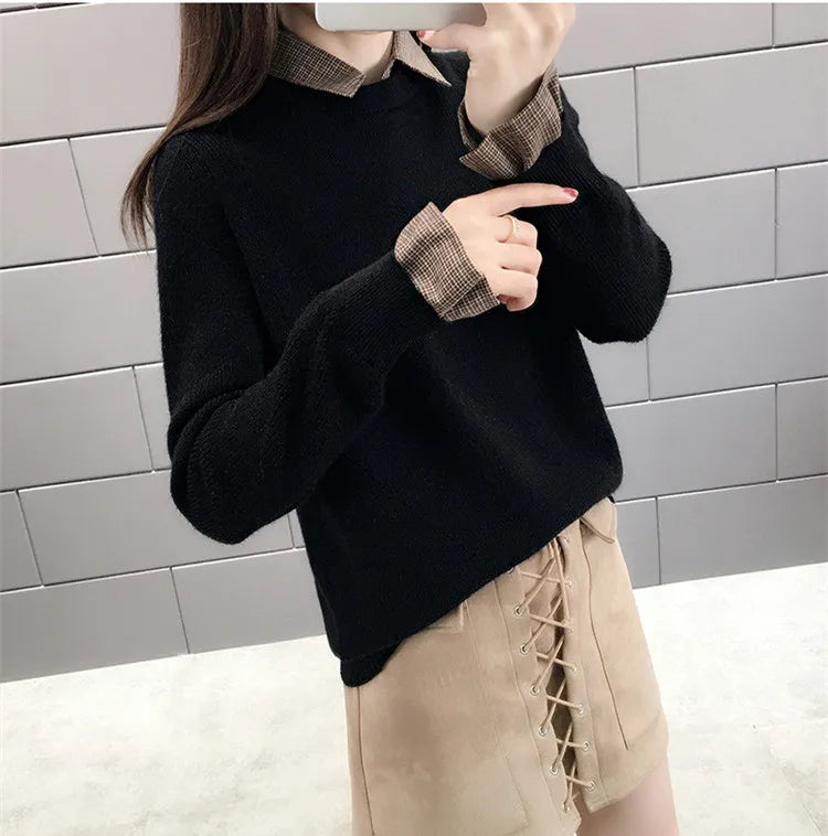 Fake Two Piece Women's Knitwear Top Fashionable Lapel Collar Shirt Bottom Sweater Autumn Winter Long Sleeve Pullovers Femme