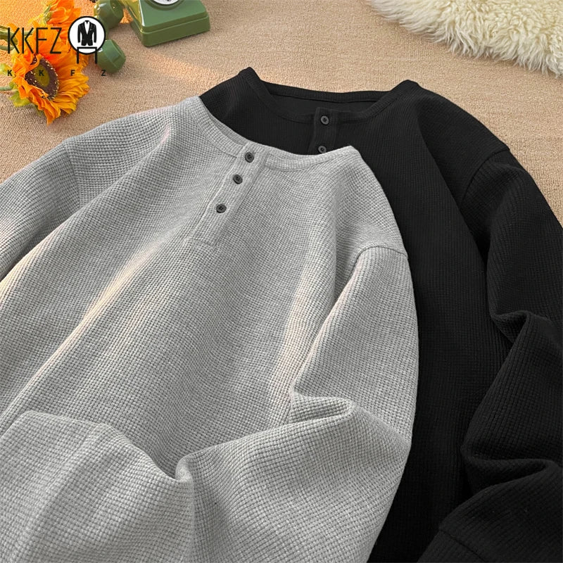 Breathable Waffle Henley Pullover Men Long Sleeve Round Neck Three Button Placket Versatile Everyday Streetwear Garment