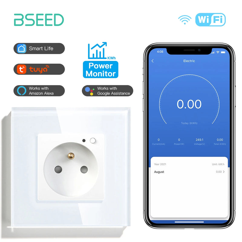 BSEED French Standard Electrical Wifi Smart Socket French Type Power Monitor Timing Function Tuya Alexa Wireless Control 16A