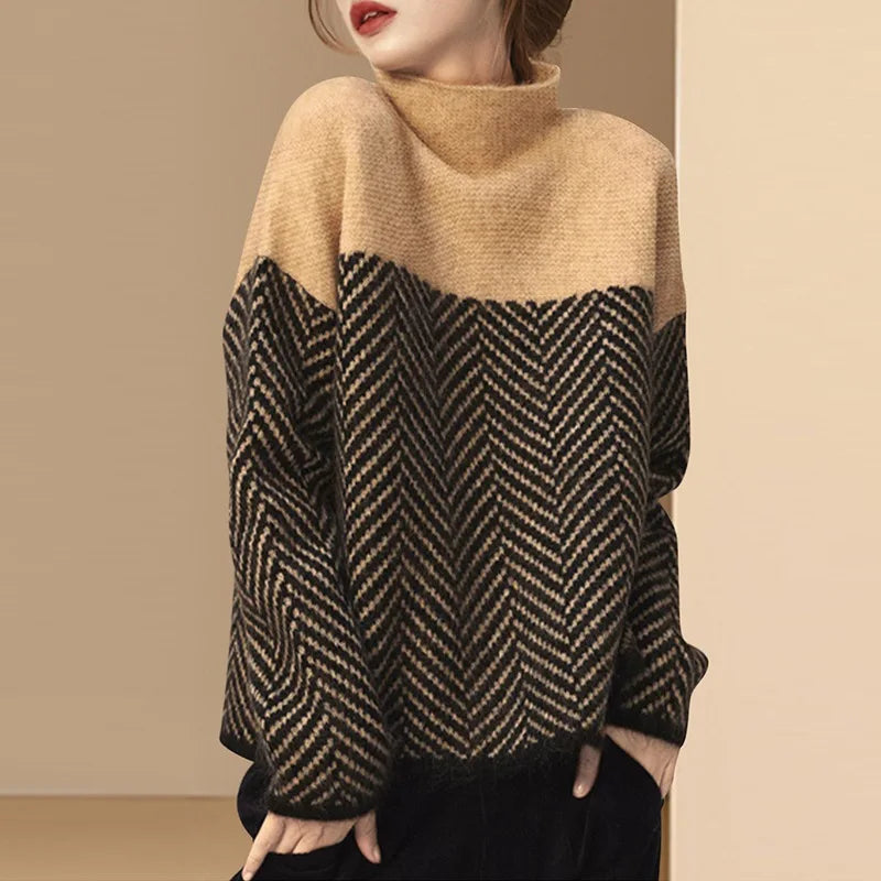 Women Sweater Pullover Top New Long Sleeve Knitwear Autumn Winter Ladies Bottoming Shirt Patchwork Color Jumper Spring Clothes