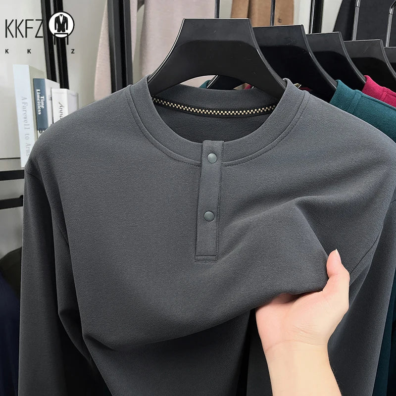 Male Comfort Henley Pullover Long Sleeve Thermal Fabric Two Button Front Breathable Travel Casual Garment