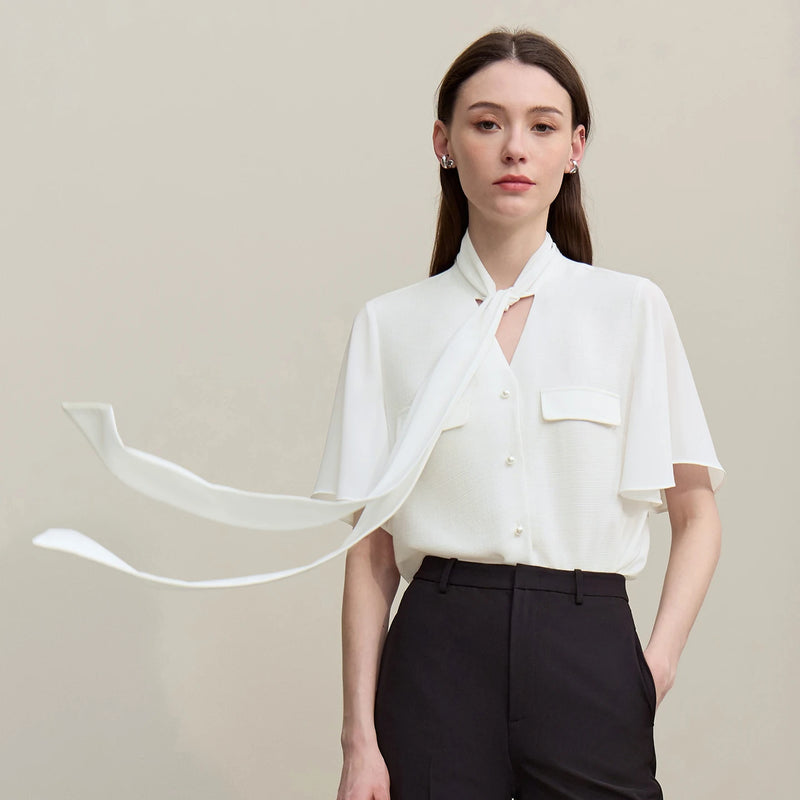 Amii Women's Blouse 2026 Summer New Linen Blend Tie Neck Flounce Sleeve Chiffon Tops Elegant Casual Shirt for Women 12622219