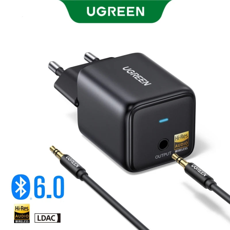 UGREEN Bluetooth 6.0 Audio Receiver, LDAC Hi-Res Certified Plug-In Power Supply, 3.5mm AUX, High-Fidelity Wireless Music Adapter
