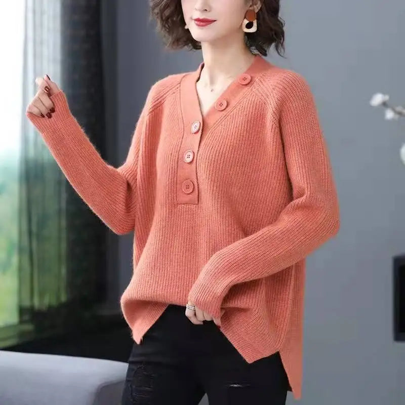 Elegant Female Autumn Winter Clothing Loose Knitting Sweater For Women Long Sleeve Top Casual V Neck Pullover Shirt M-3XL