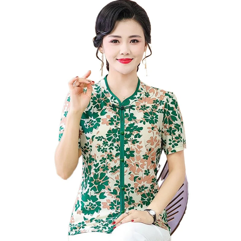 អាវយឺតដៃខ្លីបោះពុម្ពម៉ូដសម្រាប់នារីរដូវក្តៅធម្មតា កអាវឈីប៉ាវបែបវីនថេច សម្រាប់សម្លៀកបំពាក់នារី