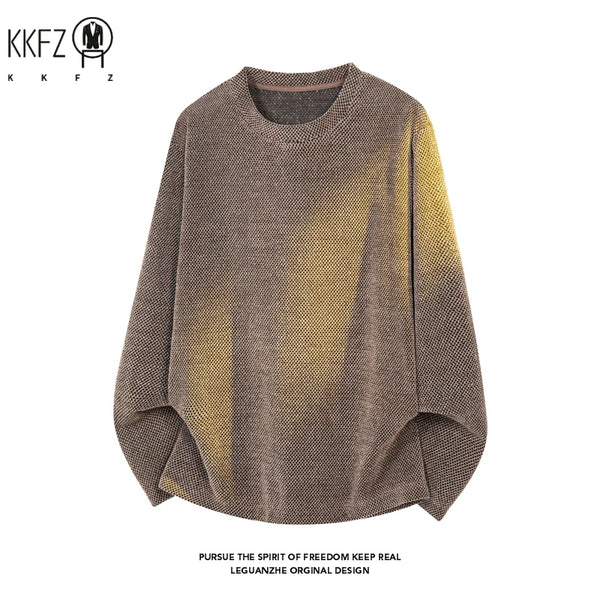 Mens Textured Knit Crew Neck Pullover Long Sleeve Washed Gradient Effect Relaxed Cut For Layered Styling Outfit