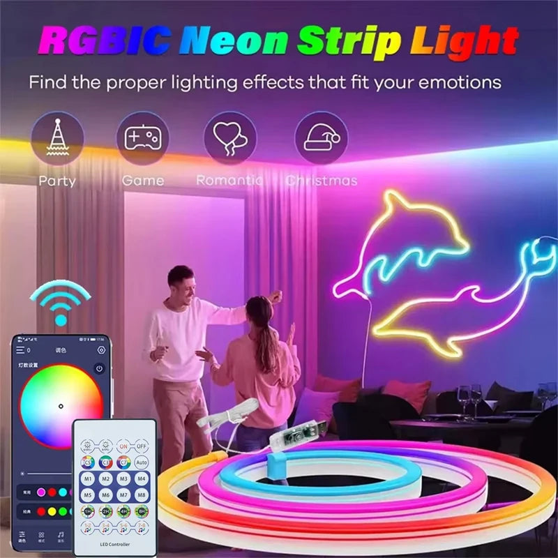 ភ្លើង LED RGBIC Neon Strip ទំហំ 1-10 ម៉ែត្រ អាចប្រើប្រាស់ជាមួយ APP Bluetooth ដើម្បីបញ្ជាភ្លើងបាន អាចបន្ថយពន្លឺបាន អាចធ្វើសមកាលកម្មតន្ត្រីជាមួយ 5V Neon Strip សម្រាប់បន្ទប់លេងហ្គេម និងការតុបតែងខាងក្រៅផ្ទះ