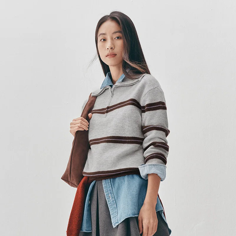 Semir Women Sweater Stripe Pattern Half Zip Loose Fit Retro Style Soft Touch 2026 Winter Layering Wear Warm Knit Everyday Style