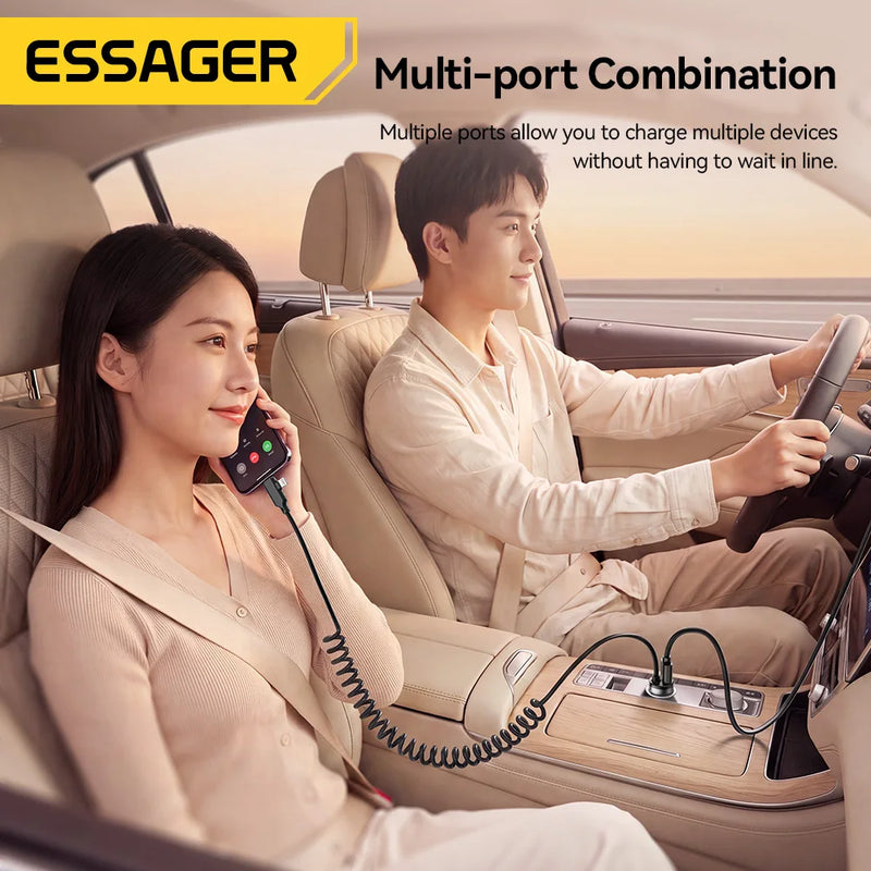 ឆ្នាំងសាករថយន្ត Essager 30W 2 ក្នុង 1 Spring Cable រន្ធ USB-A និង USB-C/Lighting សាកលឿនសម្រាប់ iPhone 17 16 15 14 13 12 Samsung