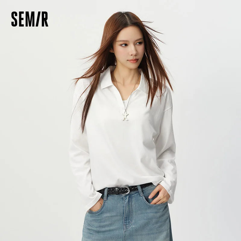 Semir Women Polo Shirt White Long Sleeve Loose Printed Minimalist Lazy Versatile Pullover 2026 Summer Top